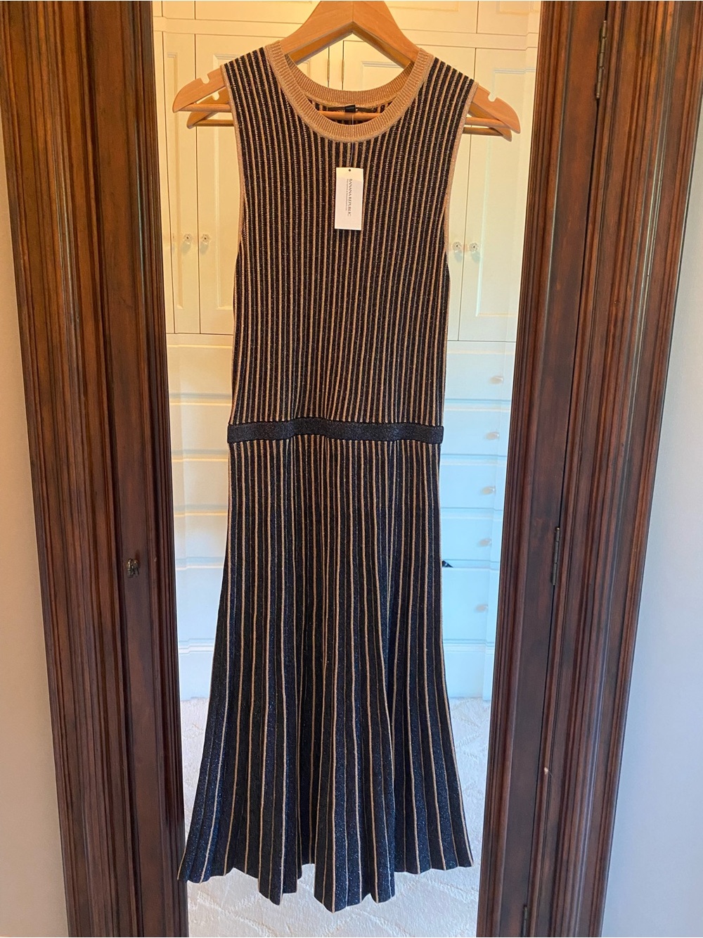 Banana Republic Navy and Tan Sleeveless Striped Midi Party Dress, Size Small